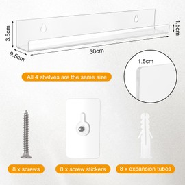 GOTFUN Clear Acrylic Floating Shelves Set of 4 Moisture Proof Small Shelves for Wall No Drilling Wall Mounted Shelves for Album Record Book Picture Display in Bedroom,Bathroom,Living Room