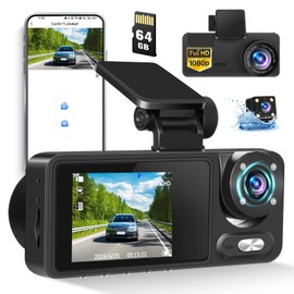 3CH Dashcam 1080P Car Front Rear and Indoor WiFi with App Control, Dash Cam Car Camera with 64GB SD Card, Car Camera with Infrared Night Vision, G-Sensor, Loop Recording, Viewing Angle