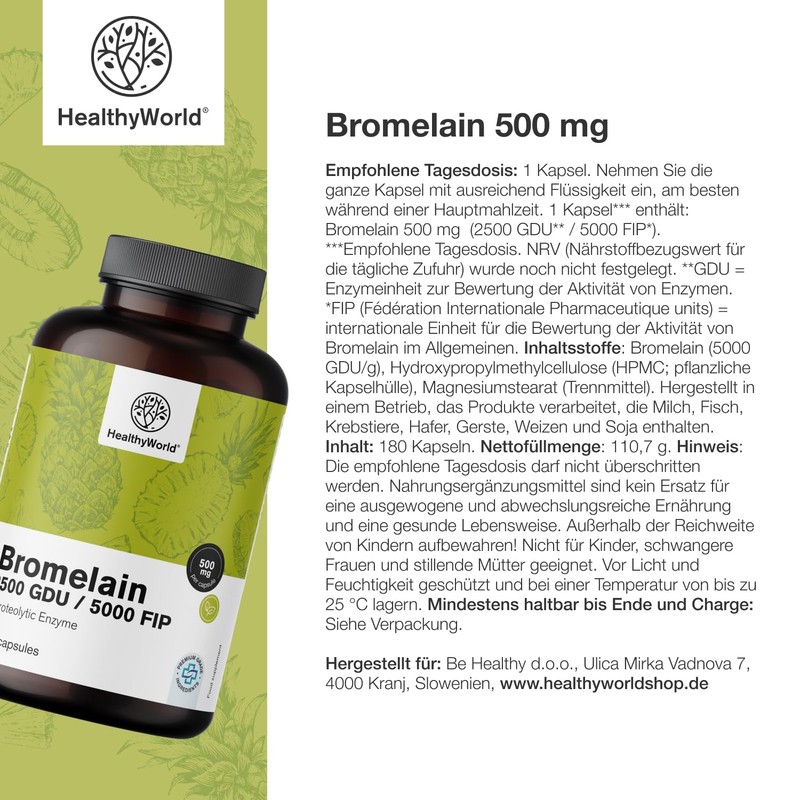 HealthyWorld® Bromelain 500 mg - 180 Capsules - 6 Month
