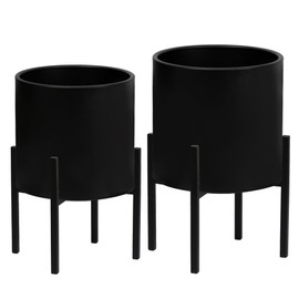ARNIS Modern Plant Pots, Set of 2 Large Planters with Stand, Decorative Planters, Metal Pots with Drainage Holes for Living Room, Office, Garden or Balcony, 8.25 &10.5 Inch, Blcak
