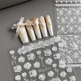 DUOLEIMI Nail Seal, Lace, Set of 4, Nail Stickers, Flowers, Sheer, DIY, Gel Nail Seal, 3D Nail Art, Stick, Self Nail Decoration, Ribbon, White, Elegant, Spring