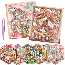 DIY Mini Fun 3D Animal House Scene Stickers Book with Tweezers Make Your Own Restaurant Bakery Teahouse Shop Sticker Scenes Cute Micro Stickers for Relief Stress Pass The Time(6 Designs)