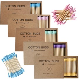 Bamboo Cotton Swabs 1000 Count, 100% Cotton Double Ear Swabs, Wooden Cotton Swabs for Makeup, Eco-friendly Bamboo Sticks Swabs Perfect for Ear Wax Removal, Arts & Crafts, Fine Cleaning (5 Colors)