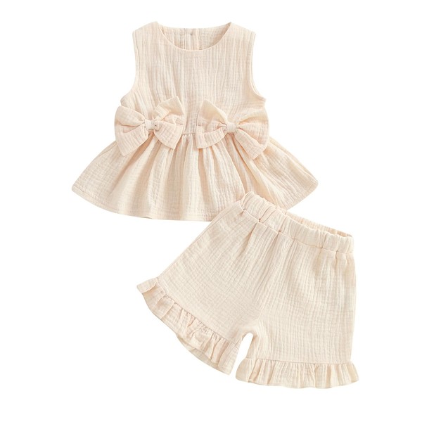 Kupretty Toddler Girl Summer Clothes Baby Solid Linen Outfit Bows