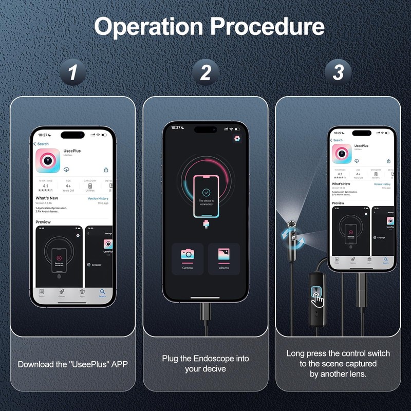 oolong Endoscope Inspection Camera,Illuminated Dual HD Lens,1920P HD IP67 Waterproof