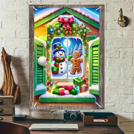 BlissYard Christmas Window Cover Winter Window Curtain Snowman Gingerbread Character Design Photography Banner 31x47 inch Holiday Scene Display Poster Reusable Festive Decor Prop