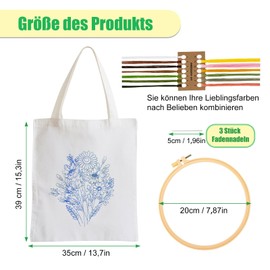 Yudobliss Embroidery Set Adults, with Floral Pattern Canvas Bag Embroidery Set, DIY Canvas Bag Embroidery Set, Handmade Bags, Embroidery Set with Embroidery Hoop and Instructions, Embroidery Set for