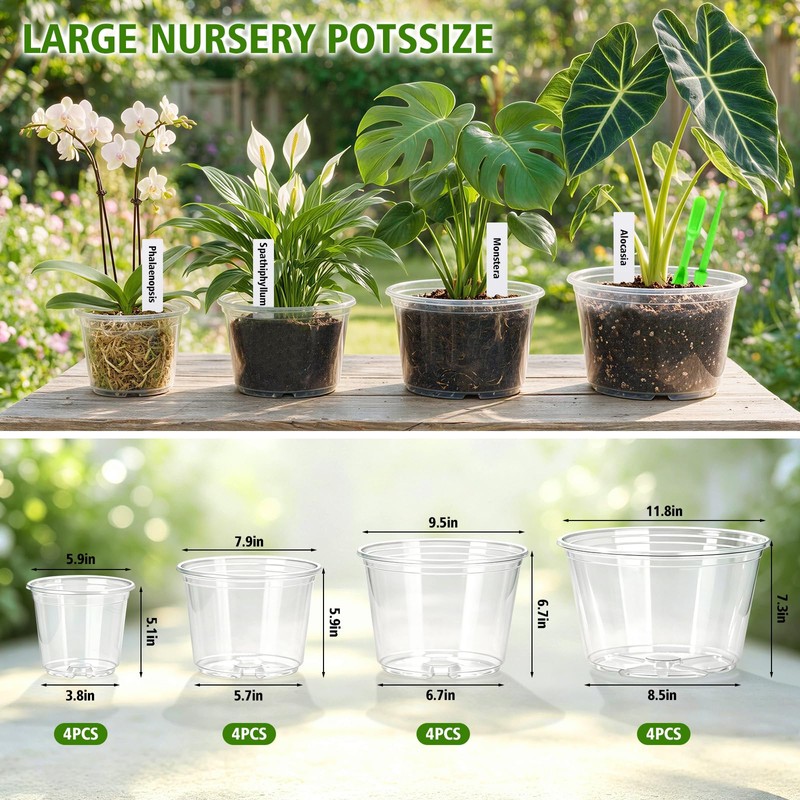 16 Pack 12/10/8/6 Inch Clear Nursery Pots with Drainage, Large