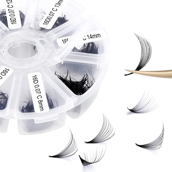 Premade Fans Eyelash Extension 500 Fans Handmade Loose Volume Lashes 16D Pre-made Fans 0.07mm Thickness C/D Curl 9-16mm/13-20mm Mixed Volume Eyelash Extensions (500PCS-16D-0.07-C, 9-16mm mixed)