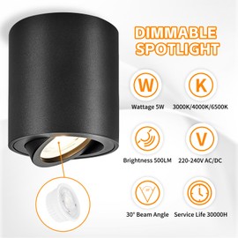YindaLux LED Surface-Mounted Spotlights, Black, 30° Swivel, Diameter 80 x 84 mm, Dimmable, Includes 5 W 500 LM LED Module 230 V, 3000 K/4000 K/6500 K, Aluminium Surface-Mounted Spotlights, Modern