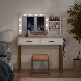 Smuxee Vanity Desk with Power Outlet and 10 LED Lights, White Makeup Vanity with Mirror and 2 Drawers, 3 Lighting Modes Makeup Desk, Madeup Table for Bedroom