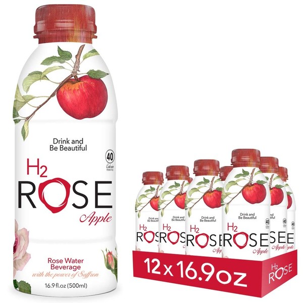 H2rOse - Rose Water Beverage with the Power of Saffron – Healthy Alternative to Sodas & Sports Drinks - All Natural, Gluten Free, Non-GMO, Vegan w/ Added Benefits - 16.9 Oz, 12 Pack (Apple)
