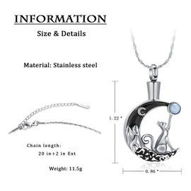 constantlife Cat Moon Urn Necklace for Women Pet Cremation Jewelry for Ashes Stainless Steel Pendant Funeral Keepsake Loved Ones Memorial Gift (Silver)