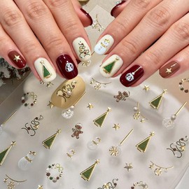 Christmas Tree Nail Art Stickers Nail Decals French Tip with 5D Pearl Design Self-Adhesive Nails Supplies Glitter New Year Stickers for Nails Women Accessories Christmas Decoration