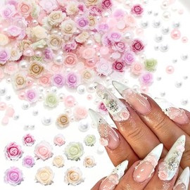 RODAKY 300Pcs Flor Encantos de Uñas Resina 3D Rosa Flor Encantos de Color Mezclado Gradiente Floral Encantos de Uñas Perlas Blancas Perlas Flatback Rosa Nail Pearl Rhinestones Decoración de Uñas Acces