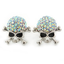 20mm L/AB Crystal Skull & Crossbones Stud Earrings/Silver Tone