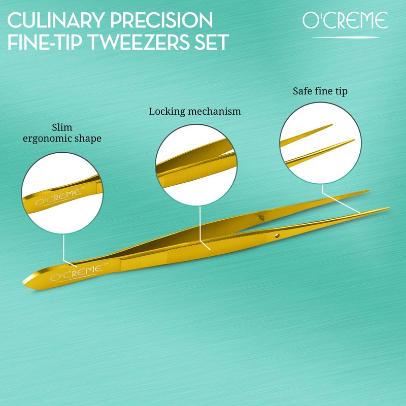 O'Creme Stainless Steel Precision Kitchen Tweezer Tongs 6.25" with Fine