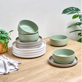 Sango Rollo Alta 12-Piece Modern Stoneware Dinnerware Set- Sage/Sand/White, Includes Dinner & Salad Plates, Cereal Bowls, Microwave & Dishwasher Safe, Highly Chip and Crack Resistant, Service for 4