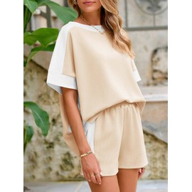 Tankaneo Womens 2 Piece Summer Outfits Oversized Short Sleeve Tops and Shorts Matching Sets Color Block Lounge Set, Khaki, Medium