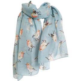 GlamLondon Women's Watercolour Robin Bird Printed Christmas Scarf (Greenish Blue)
