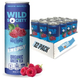Wild Society Natural Energy Drink + Nootropics (12 pack) - 100 mg Organic Caffeine from Green Tea - Zero Sugar & Zero Calories - Monk Fruit Sweetened - Clean Ingredients - Fuel Mind & Body - Blue Razz