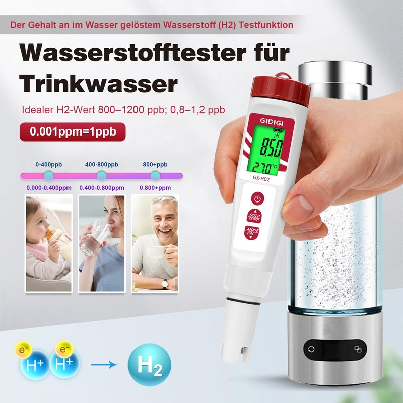 GIDIGI Wasserstoff Messgerät und pH Messgerät Wasser, Digitales pH/ORP/H2/Temperatur mit