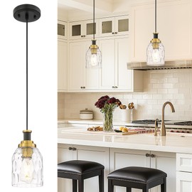 zeyu Glass Pendant Lights Kitchen Island, Kitchen Pendant Lighting Over Island with Water Ripple Glass, Modern Mini Hanging Light, Black and Gold Finish, ZG33M1L BK+BG-WG
