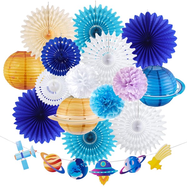 SUNBEAUTY Space Pompoms Decoration Pack of 16 White Blue Tissue Paper Pompoms Paper Fan Hanging Space Garland for Birthday Decoration Boys Space Children's Birthday Decoration