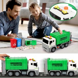 kramow Garbage Truck Toy with Lights and Sounds, Truck Toys, Friction-Powered Car Toy with 4 Garbage Cans, Vehicles Toys Gifts for Kids Boys Girls 3 4 5 6 Years Old, Green