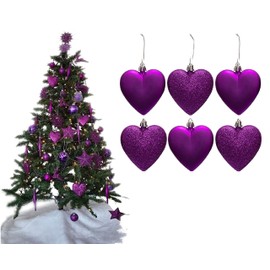 6pc Large Glitter & Matte Heart Baubles - Great Christmas Tree Decorations, Heart Baubles (Dark Purple)