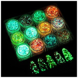 Brillo en la Oscuridad Cuerpo Cara Purpurina Gel 12 Colores Luminosos Autoadhesivo UV Negro Luz Iridiscente Chunky Glitter para el Cabello / Sombra de Ojos Carnaval Fiesta de Halloween Maquillaje (Multicolor)