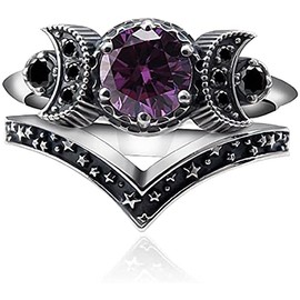 Fuqimanman2020 Wicca Pagan Triple Moon Godness Band Ring Set Purple Crystal Cresent for Women Wedding Engagement Promise Jewelry, Crystal Metal, Crystal