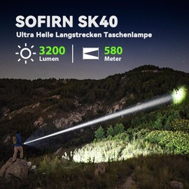 Sofirn SK40 Torch 580 m Range, 3200 LM Tactical Torch with Double Button, 6000 K, Type-C Charge and IPX8 Water Protection, LED Torch for Tactics, Rescue, Camping and Adventure