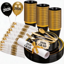 WELLIFE 210PCS Black and Gold Plastic Plates - Plastic Dinnerware Set for 30 Guests,Include 30 Dinner Plates, 30 Dessert Plates, 30 Black Cups 9 OZ, 30 Pre Rolled Napkins with Gold Silverware