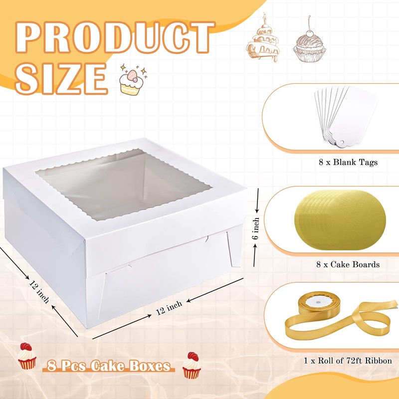 DOYIDE 16Pcs 12x12x6 Inch Cake Boxes with Cake Boards (8Pcs