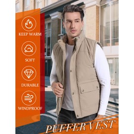 Flygo Men's Winter Warm Outdoor Padded Puffer Vest Thick Fleece Lined Sleeveless Jacket (Khaki XL)