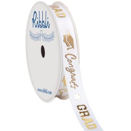 Ribbli Graduation Ribbon,Congrats Grad White&Gold Satin Ribbon Use for Gift Wrapping,Graduation Party Decoration,1/2 Inches x 10 Yards