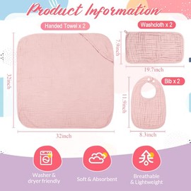 Hahafelt 6 Pcs Muslin Hooded Bath Towels Washcloths and Bibs Set, Muslin Cotton Baby Towels Absorbent Hooded Blanket Towel Infant Bibs for Boys Girls 