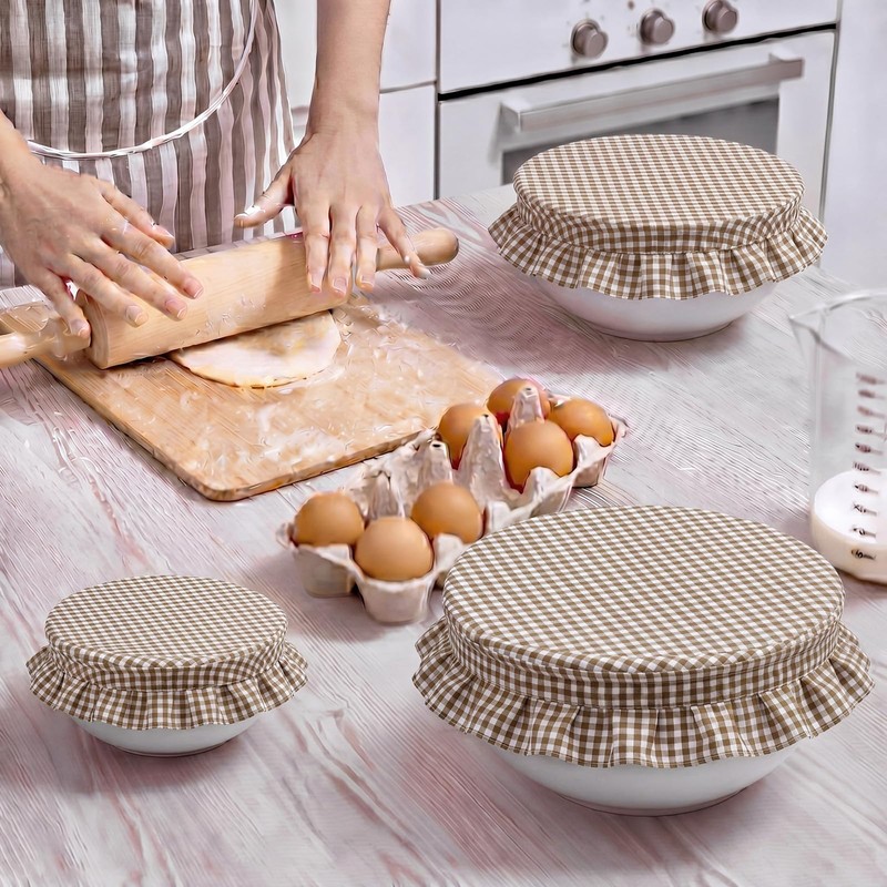Hushee 3 Pcs Brown Gingham Bowl Covers with Ruffle for