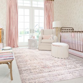 Large Living Room Rug 8x10 Machine Washable Pink Carpet for Bedroom Boho Vintage Area Rug Pink Floral Floor Covering Non Slip,Blush and Grey