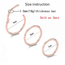 NewkeepsR 3PCS-1.0mm Rose Gold Anodised Hinged Clicker Nose Hoop Rings, 18G 316L Steel Seamless Segment Sleeper Earrings Piercing-7/8/9mm