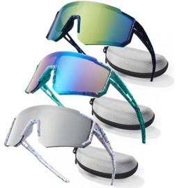 swanoble 3 Pack Boys Baseball Sunglasses with Case Age 3-10,UV400 Kids Sunglasses for Girls Softball Cycling Shades (3Pack-Black Frame/Green Lens + White Frame/Slivery Lens + Green Frame/Blue Lens)