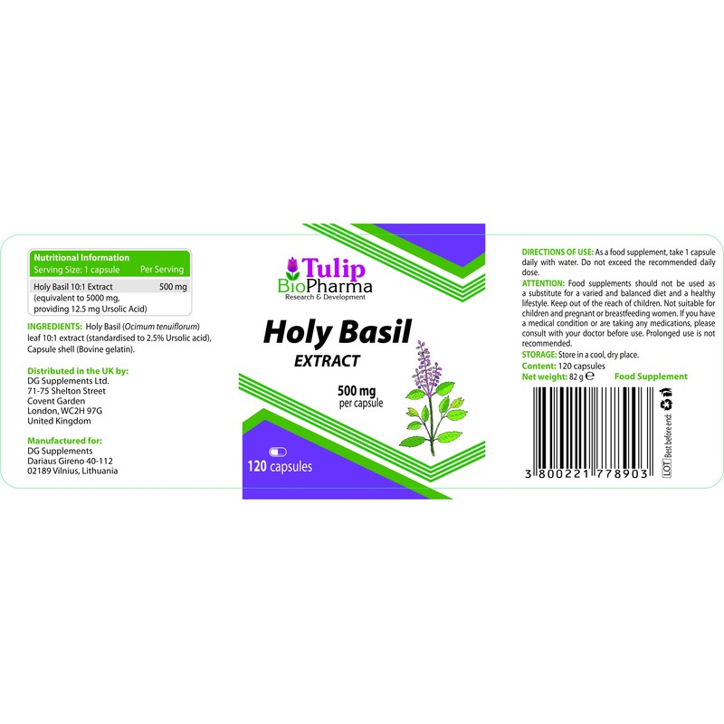 Tulsi Holy Basil 5000mg Equivalent (500mg of 10:1 Extract) 120