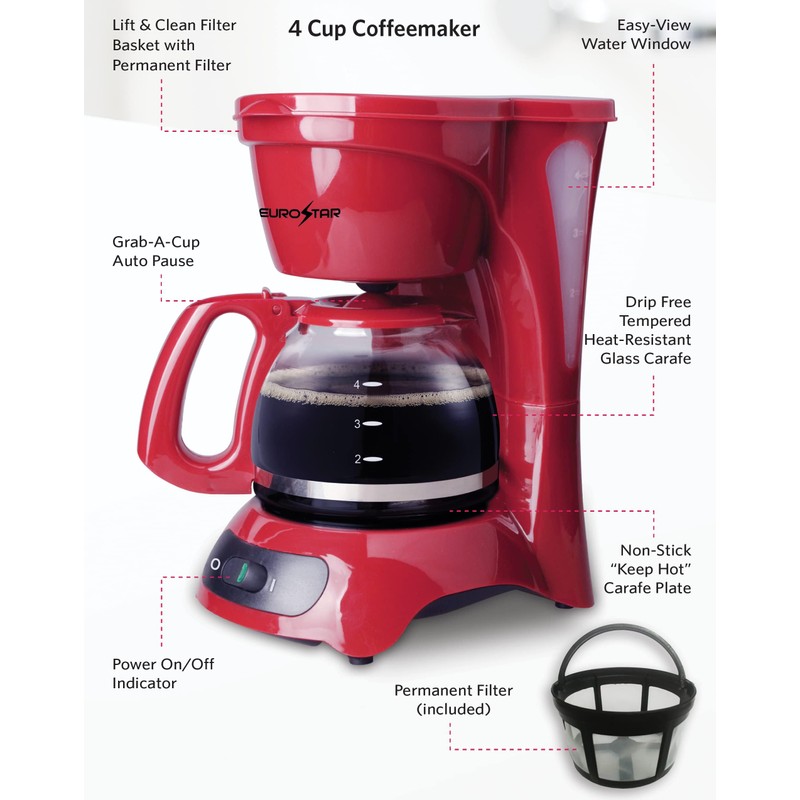EUROSTAR ECM621R 4-Cup Coffeemaker, Red