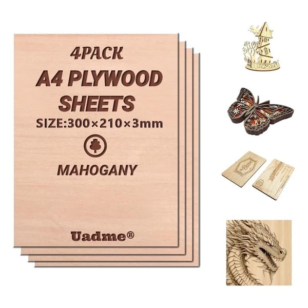 Uadme Plywood Board 3 mm A4, Mahogany Wooden Board, Pack
