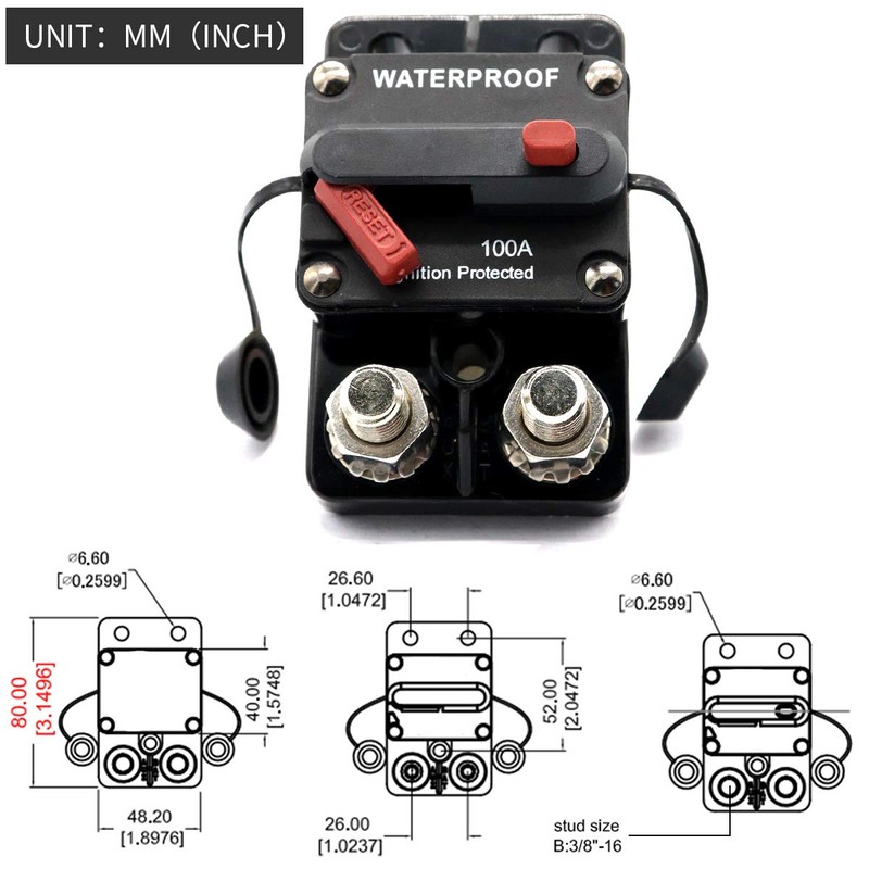 ZOOKOTO 12-48V DC 100A Surface Mount Circuit Breaker Double 3/8"
