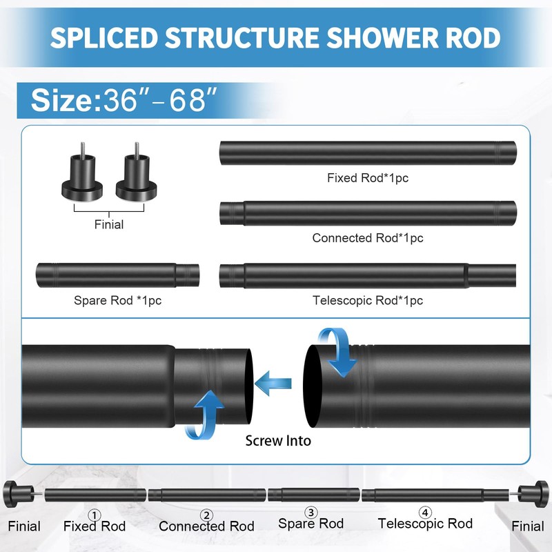 ZYRW Black Shower Curtain Rod 36-68 Inches (3-5.6ft) Non Rust