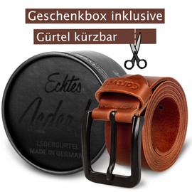 Cartvelli Men's Genuine Leather Belt, Black, 40 mm, Made in Germany, Gift Box, Men's Belt Buckle Matte Black, cognac brown