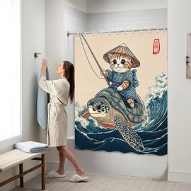 Funny Cat Shower Curtain Vintage Cat Riding Turtle Retro Charm Japanese AnimeBlue Ocean Animal Fabric Waterproof Shower Curtain Cute Hilarious Cat Go Fishing Kids Bath Curtain with 12PCS Hooks 71X71in
