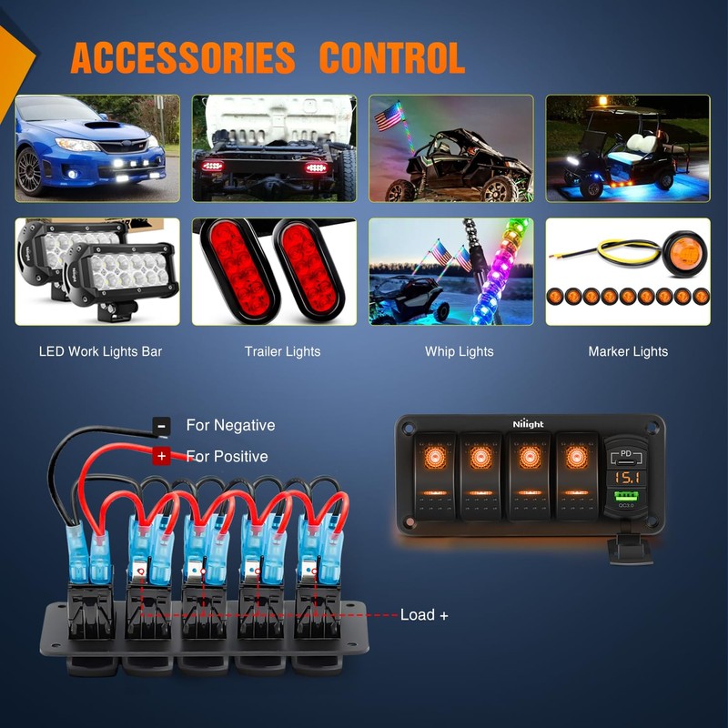 Nilight 4 Gang Rocker Switch Panel with PD Type C